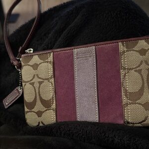 Coach Signature Stripe Suede Wristlet - Brown & Burgundy